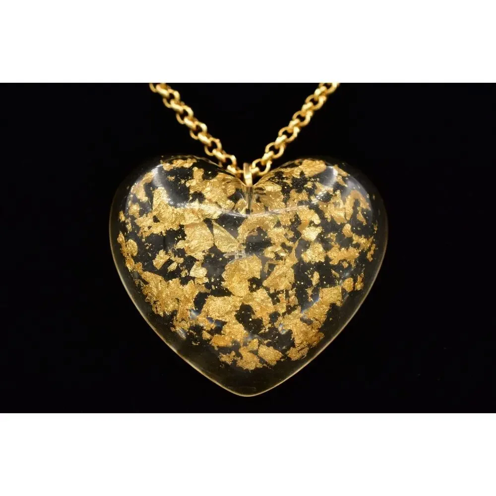Vintage Heart Pendant Necklace Gold Foil Lucite Resin Designer Signed BinBJ